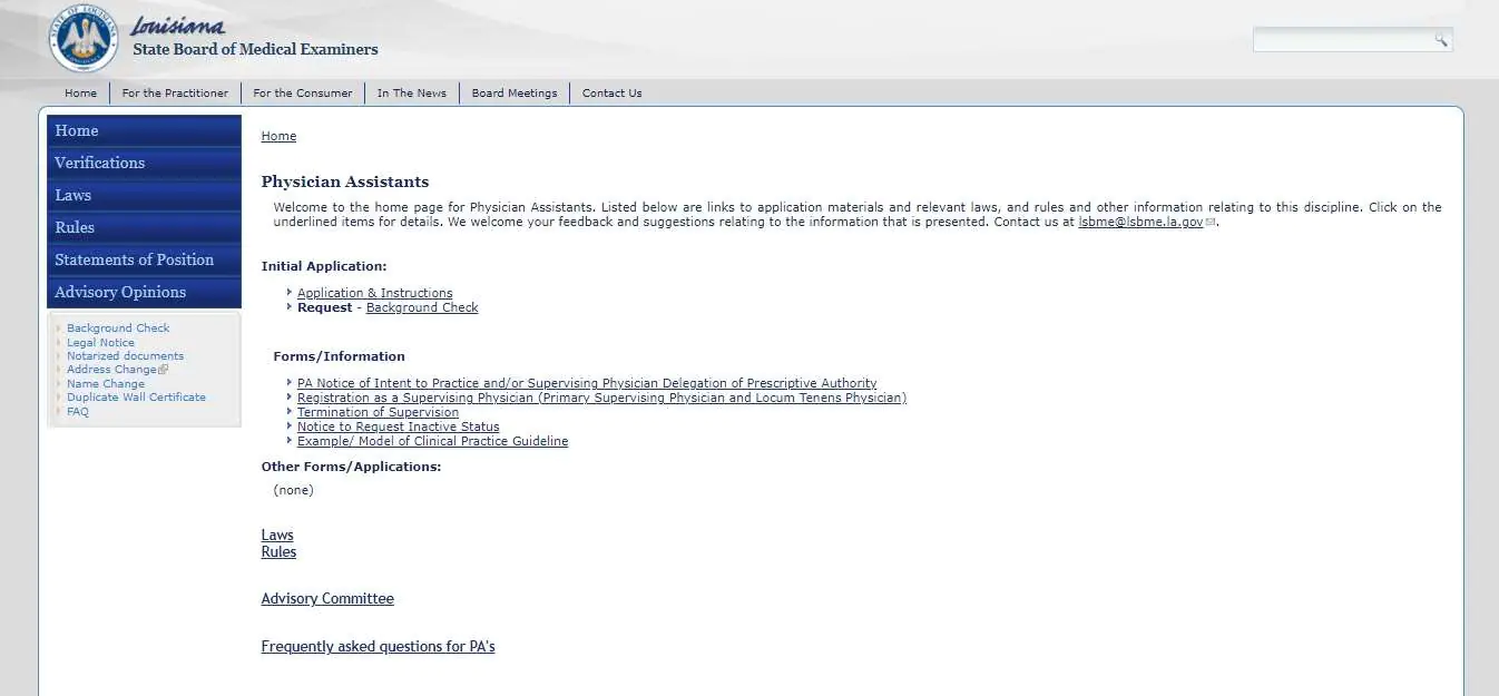 Louisiana Board of Physician Assistants website screenshot.