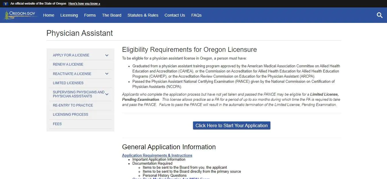 Oregon Board of Physician Assistants website screenshot.