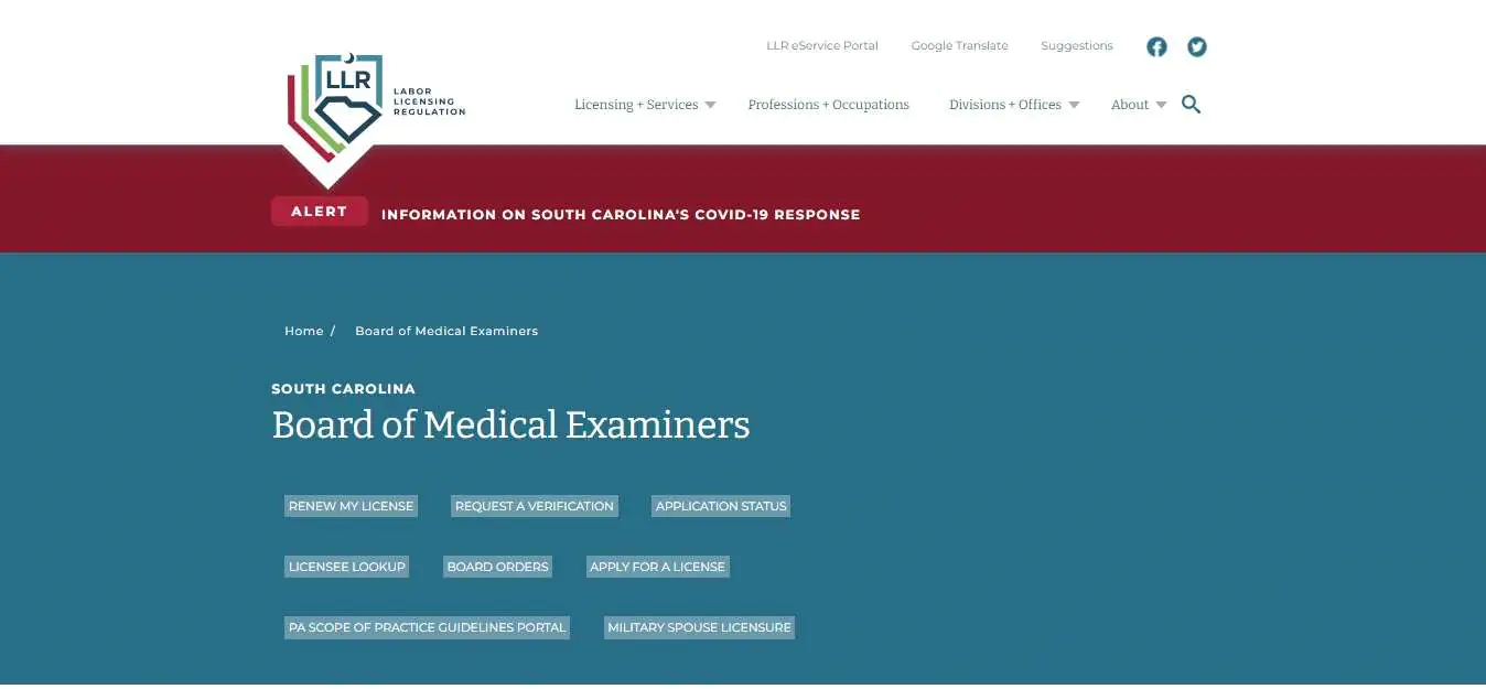 South Carolina Board of Physician Assistants website screenshot.