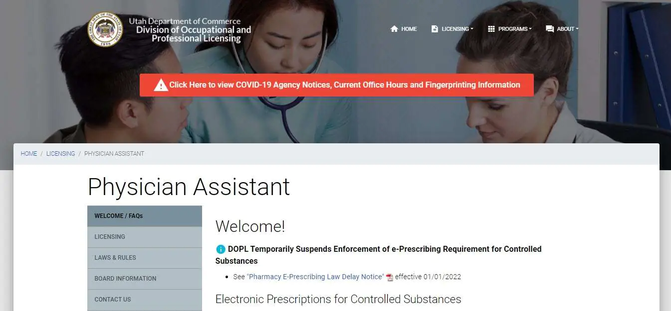 Utah Board of Physician Assistants website screenshot.