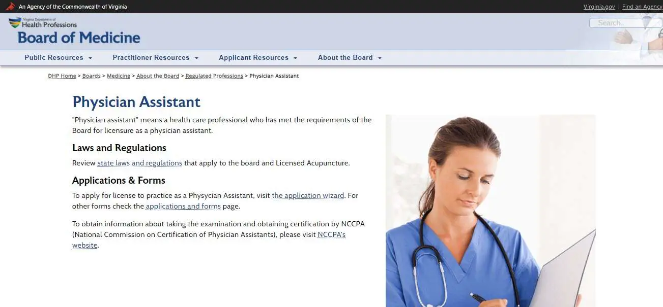 Virginia Board of Physician Assistants website screenshot.