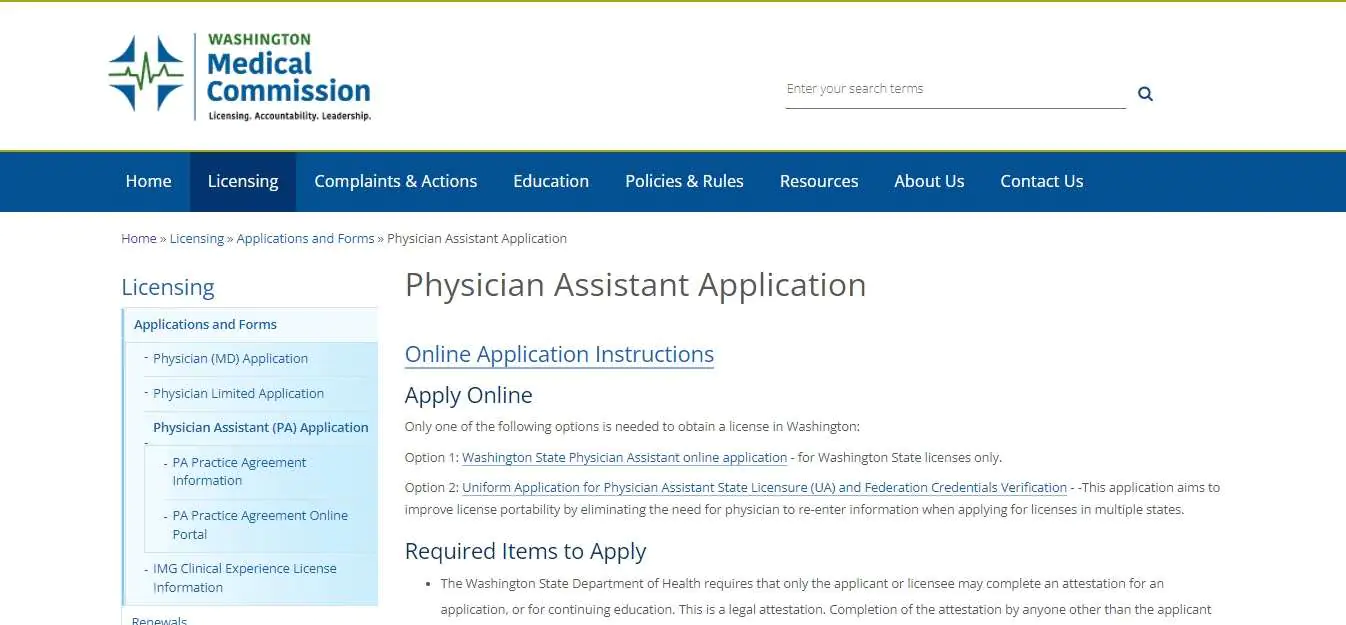 Washington Board of Physician Assistants website screenshot.