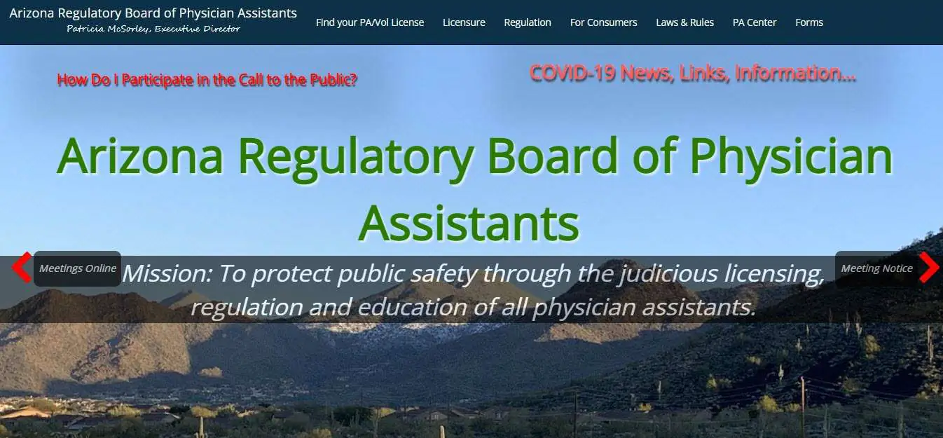 Arizona Board of Physician Assistants website screenshot.