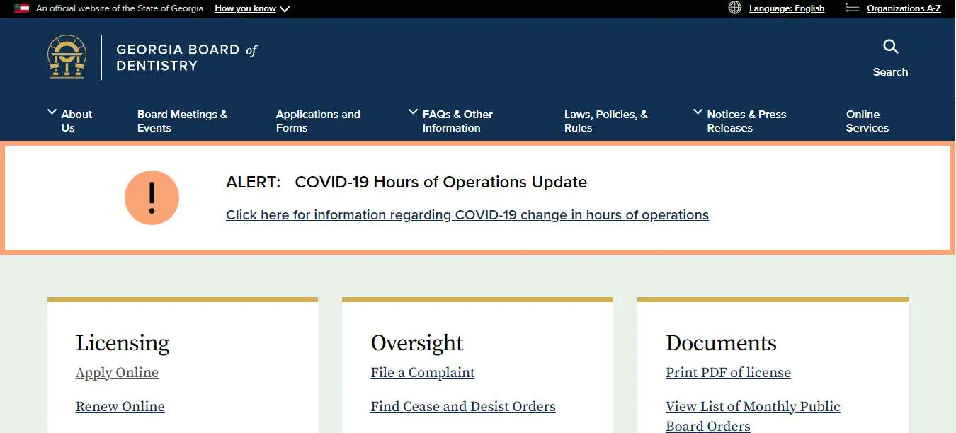 Georgia Board of Dental Assistants website screenshot.