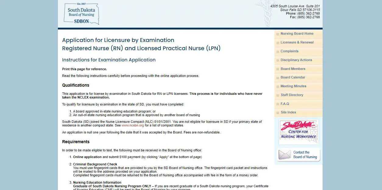 Licensing requirements for the South Dakota Board of Nursing.
