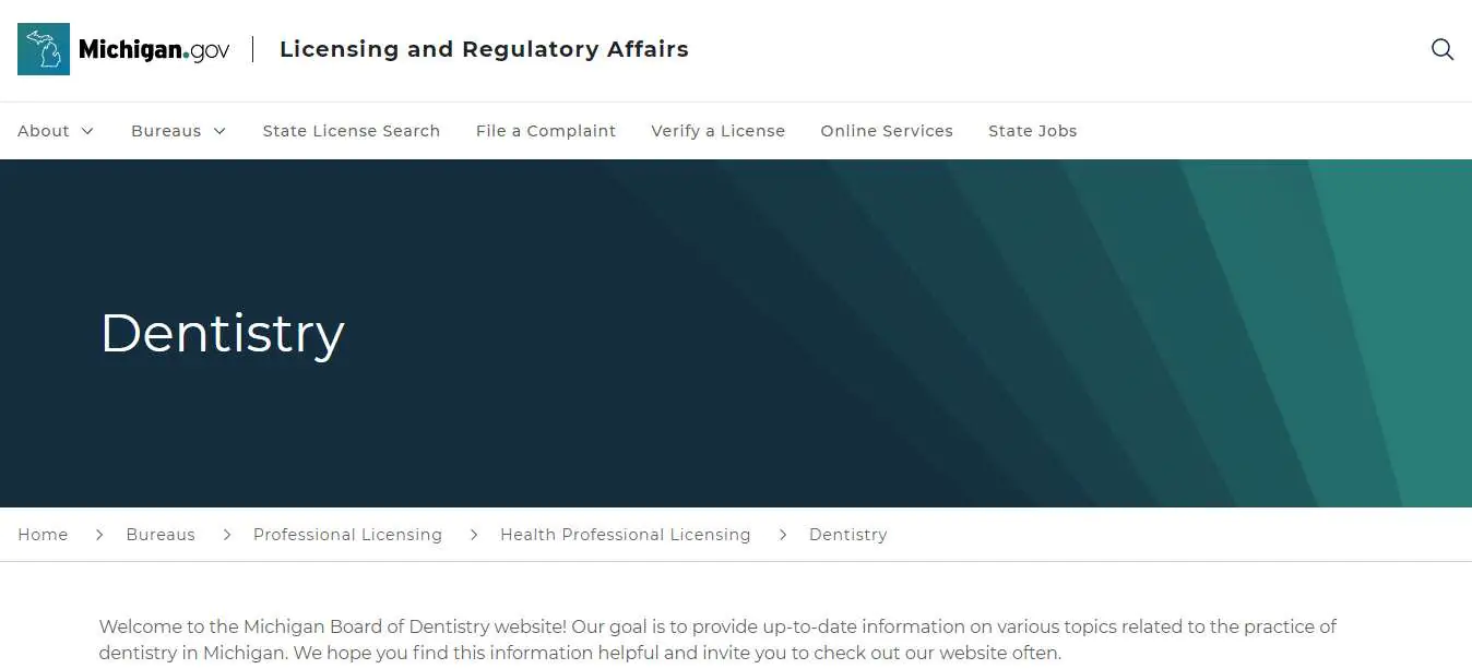 Michigan Board of Dental Assistants website screenshot.