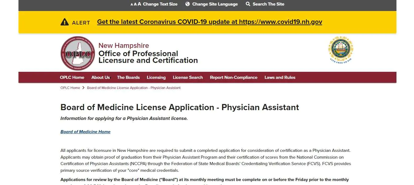 New Hampshire Board of Physician Assistants website screenshot.