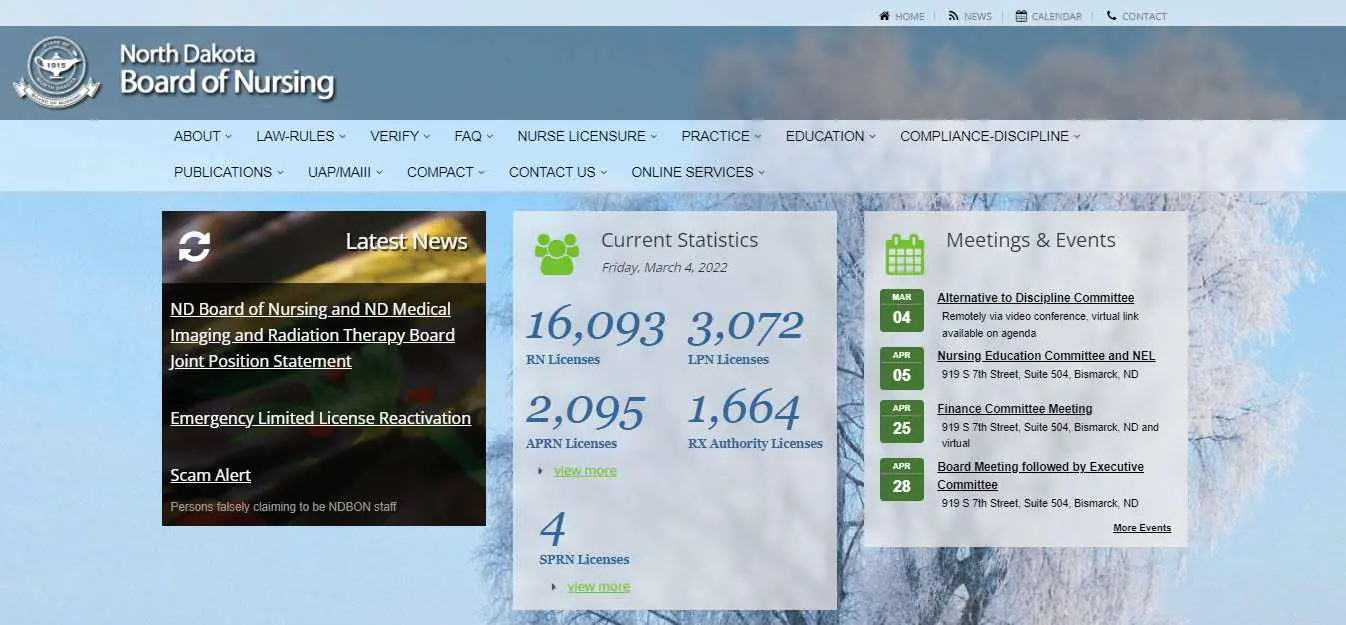 North Dakota Board of Nursing website screenshot.