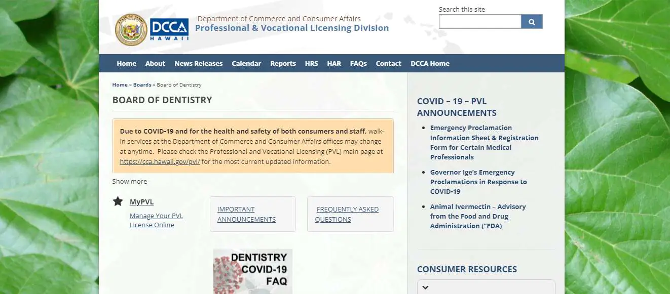 Hawaii Board of Dental Assistants website screenshot.