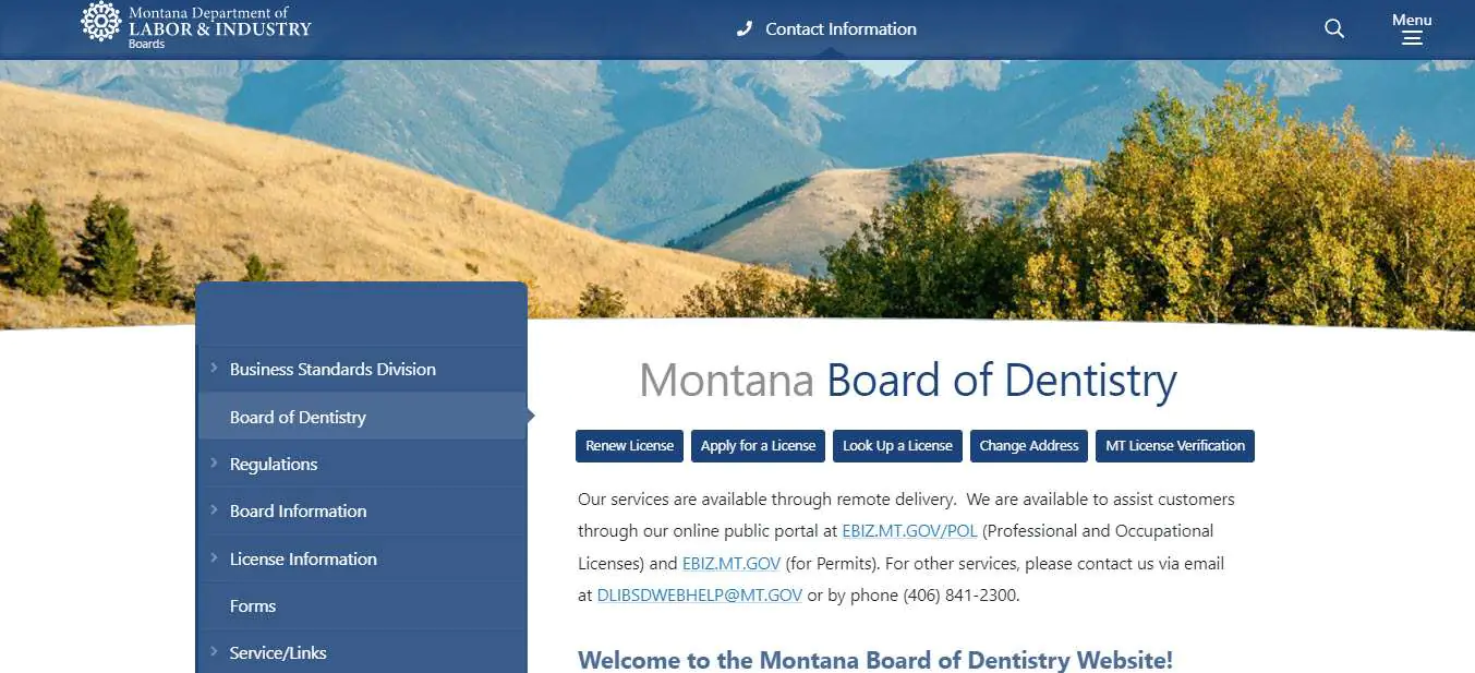 Montana Board of Dental Assistants website screenshot.