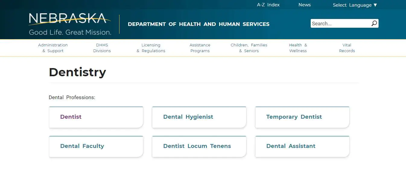 Nebraska Board of Dental Assistants website screenshot.