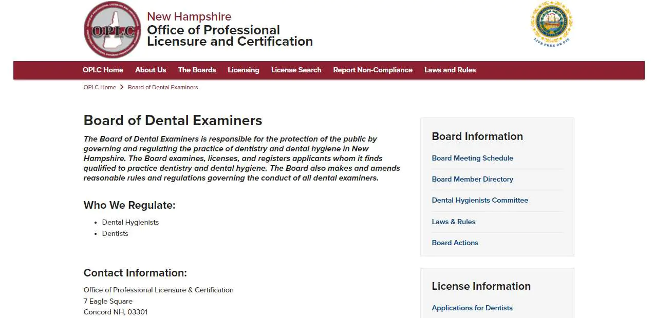 New Hampshire Board of Dental Assistants website screenshot.