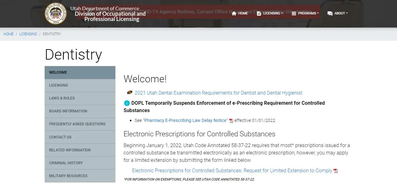 Utah Board of Dental Assistants website screenshot.