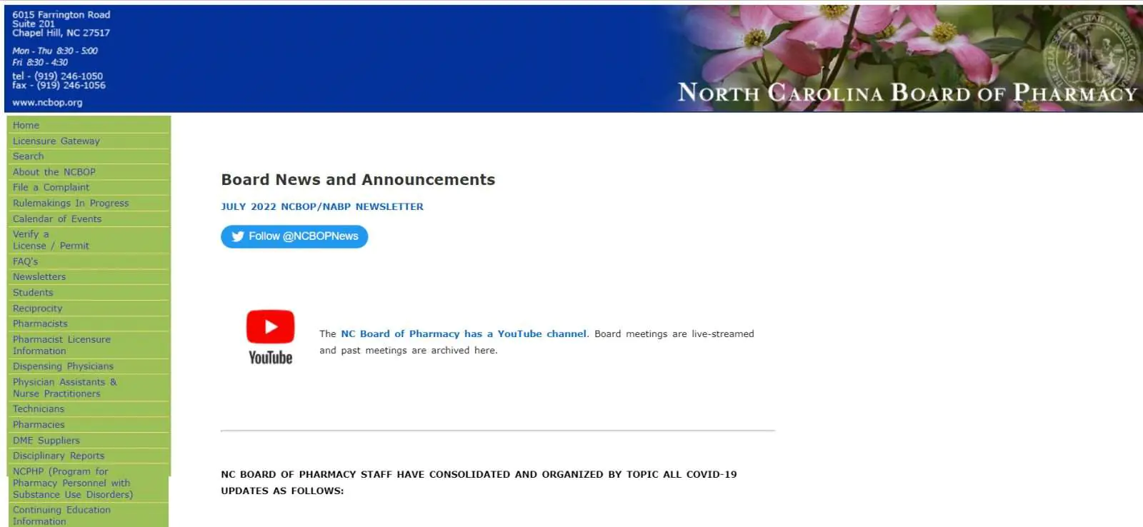 North Carolina Board of Pharmacy website