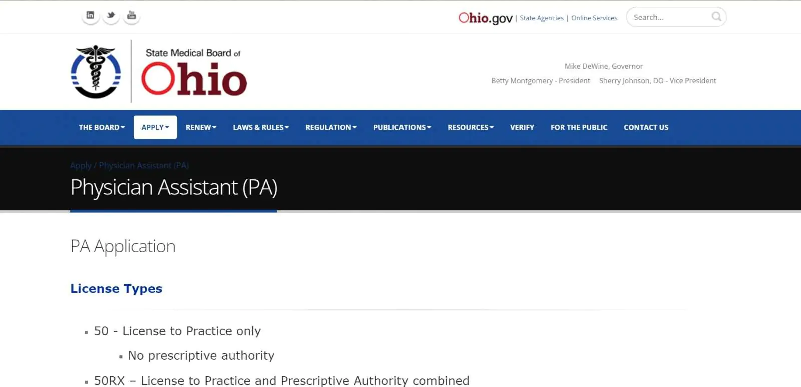 Ohio Board of Physician Assistants website screenshot.