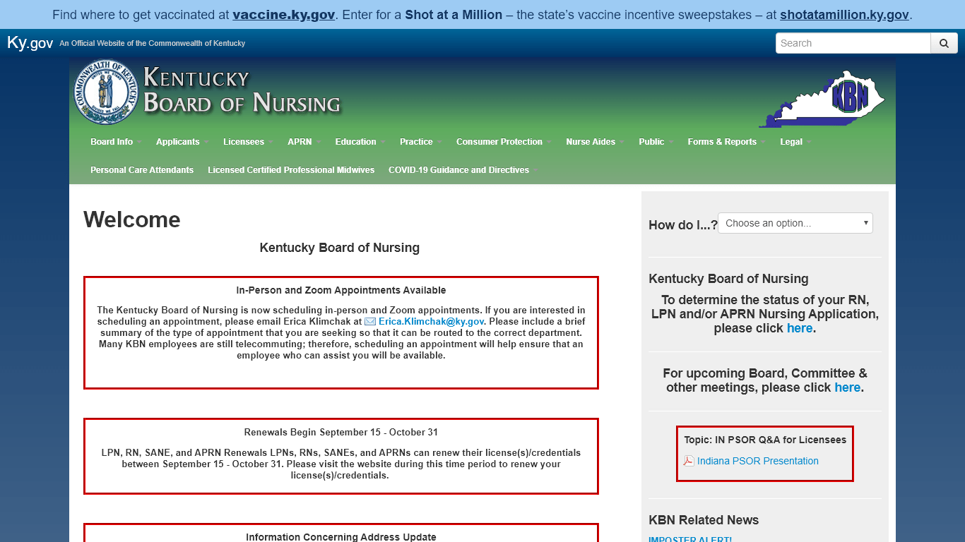 Kentucky Board of Nursing website screenshot.