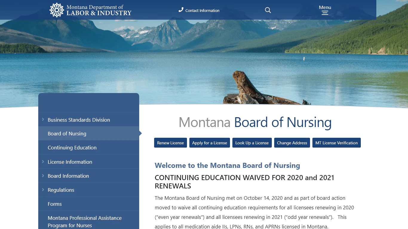Montana Board of Nursing website screenshot.