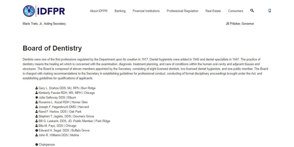 Illinois Board of Dentistry Dental website screenshot.