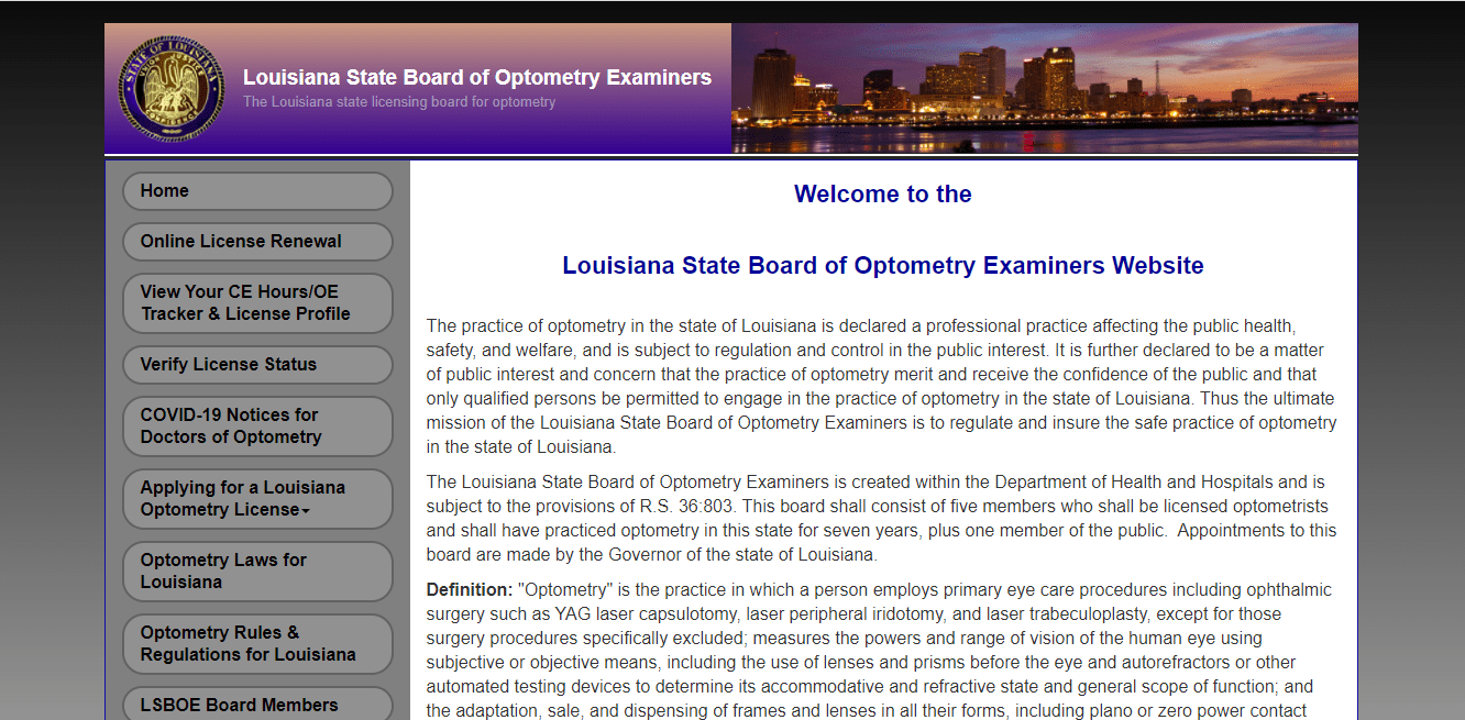 Louisiana Board of Optometry website