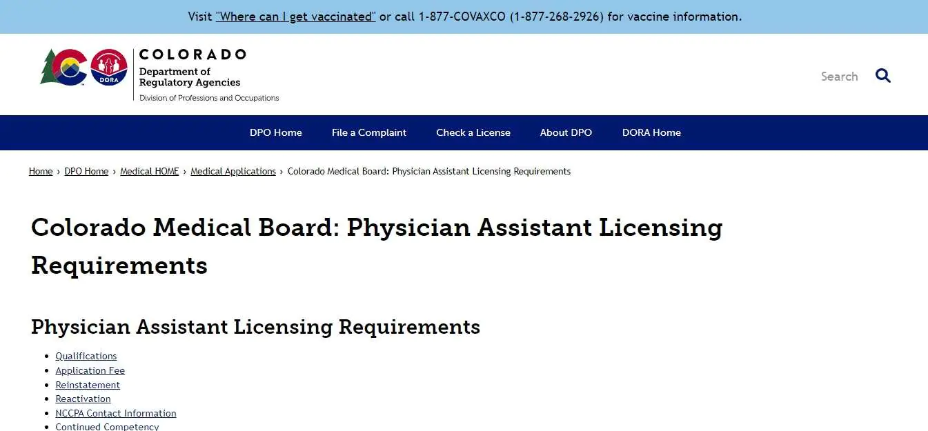 Colorado Board of Physician Assistants website screenshot.