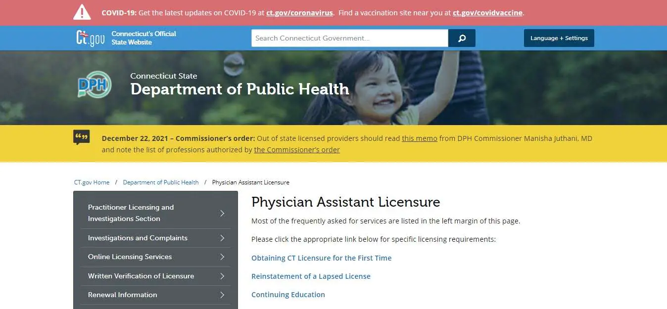Connecticut Board of Physician Assistants website screenshot.
