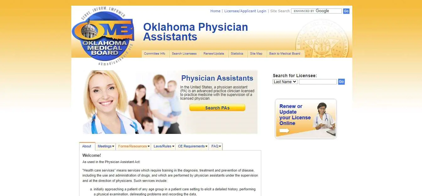 Oklahoma Board of Physician Assistants website screenshot.