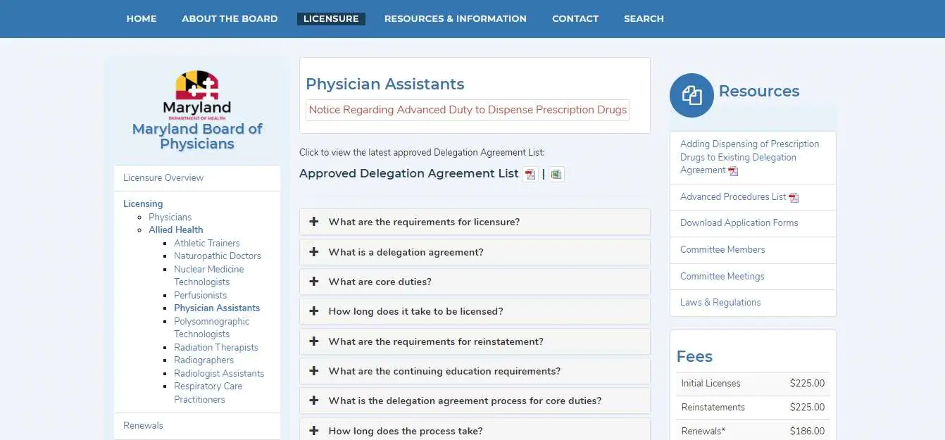 Maryland Board of Physician Assistants website screenshot.