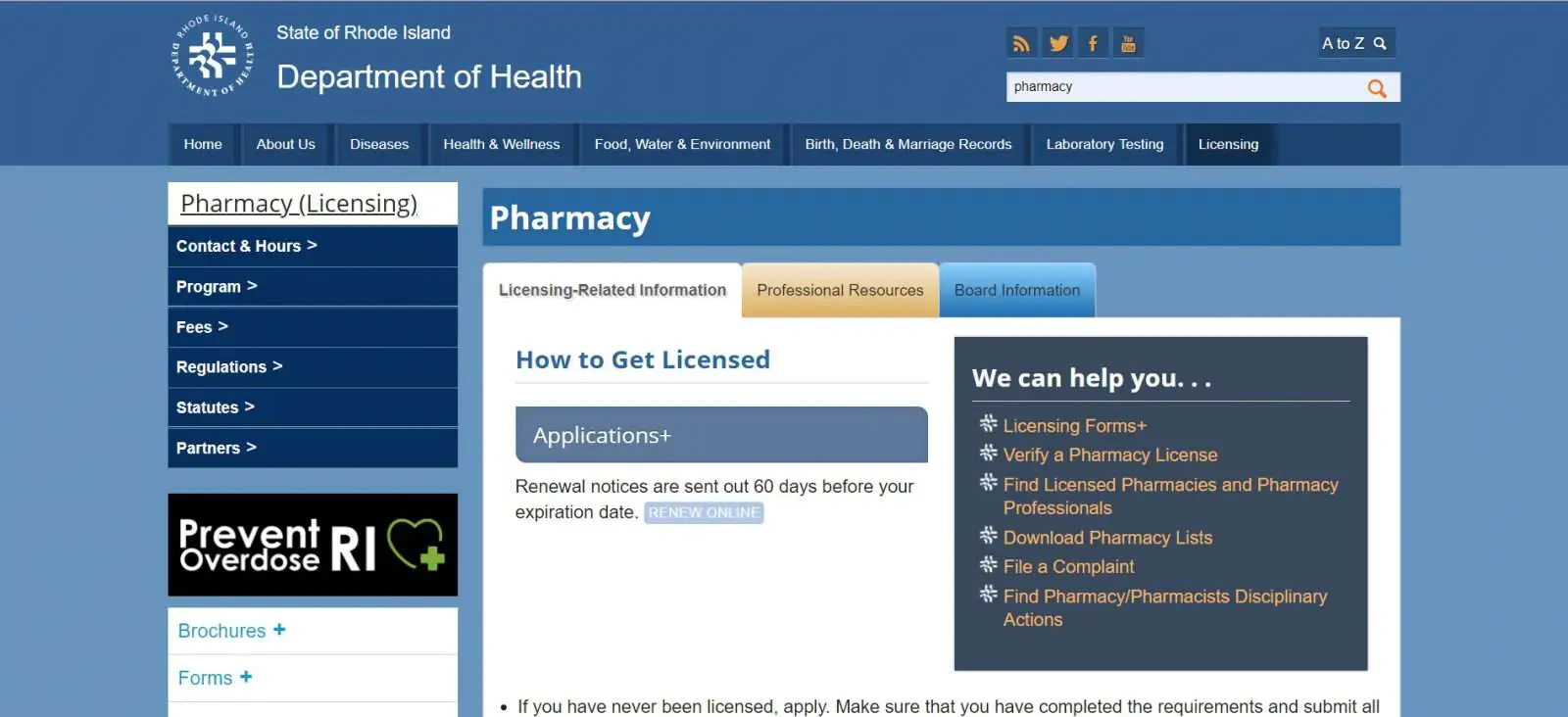 Rhode Island Board of Pharmacy website