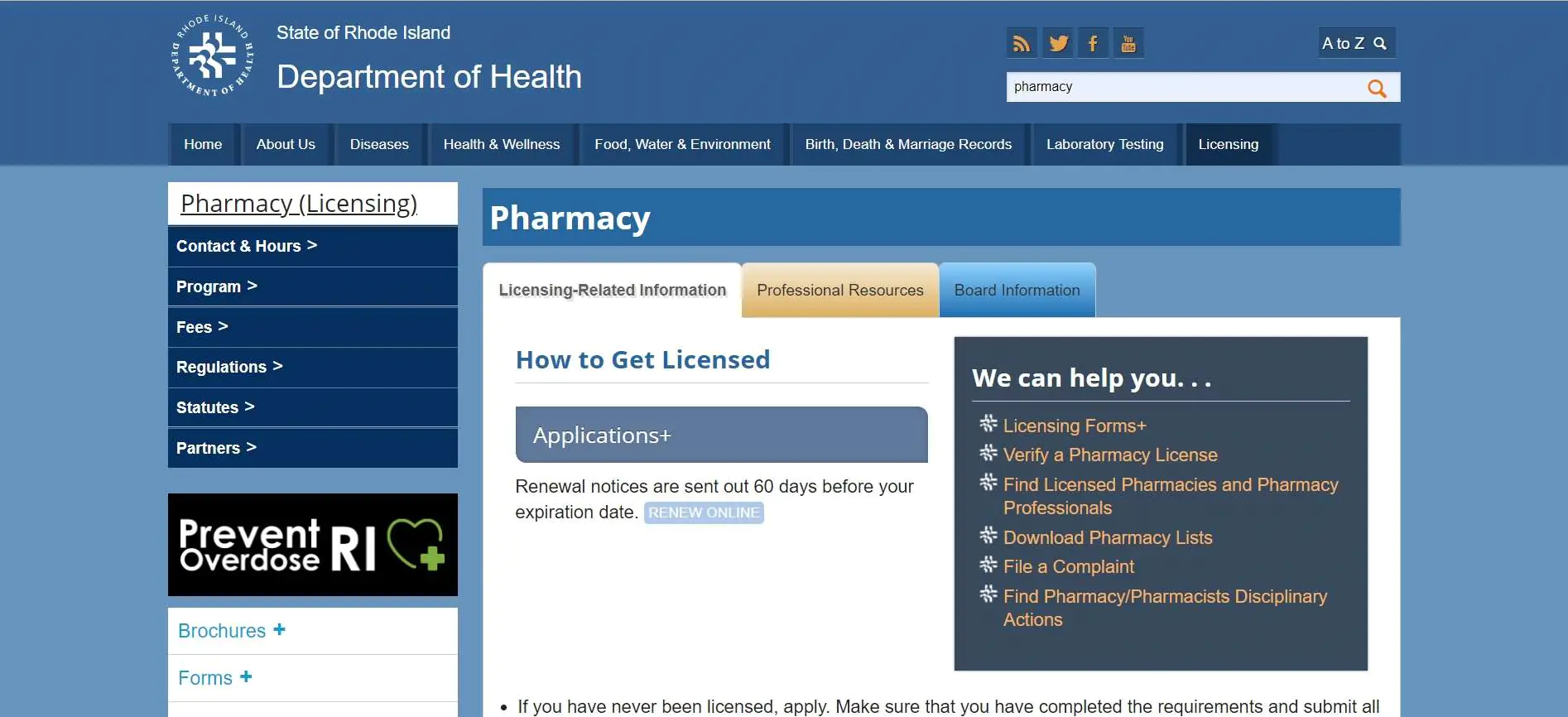 Rhode Island Board of Pharmacy website