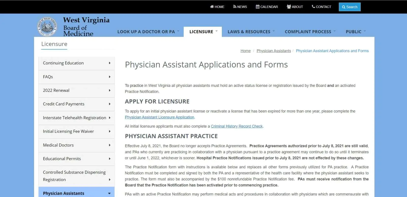 West Virginia Board of Physician Assistants website screenshot.