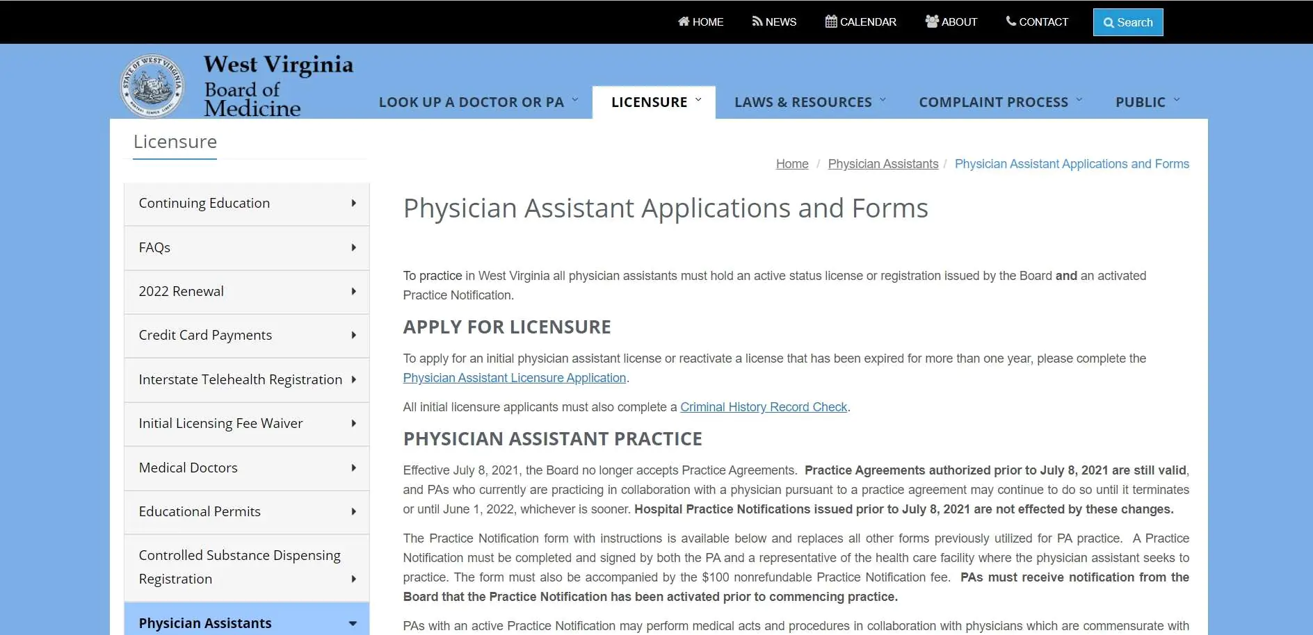 West Virginia Board of Physician Assistants website screenshot.